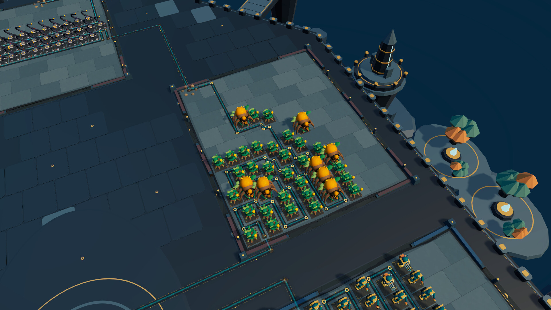 Rampartloom gameplay showing a winding maze of green defensive towers