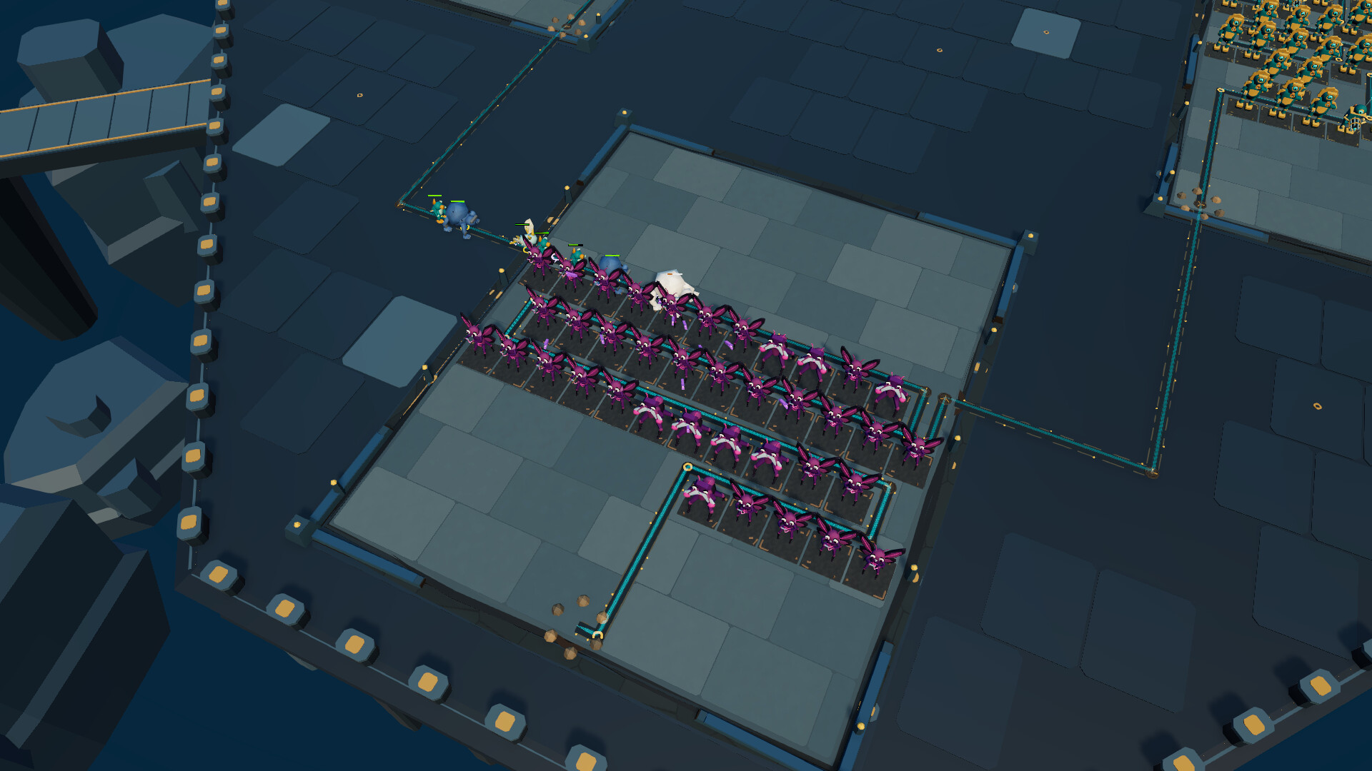 Purple defensive towers arranged into a maze
